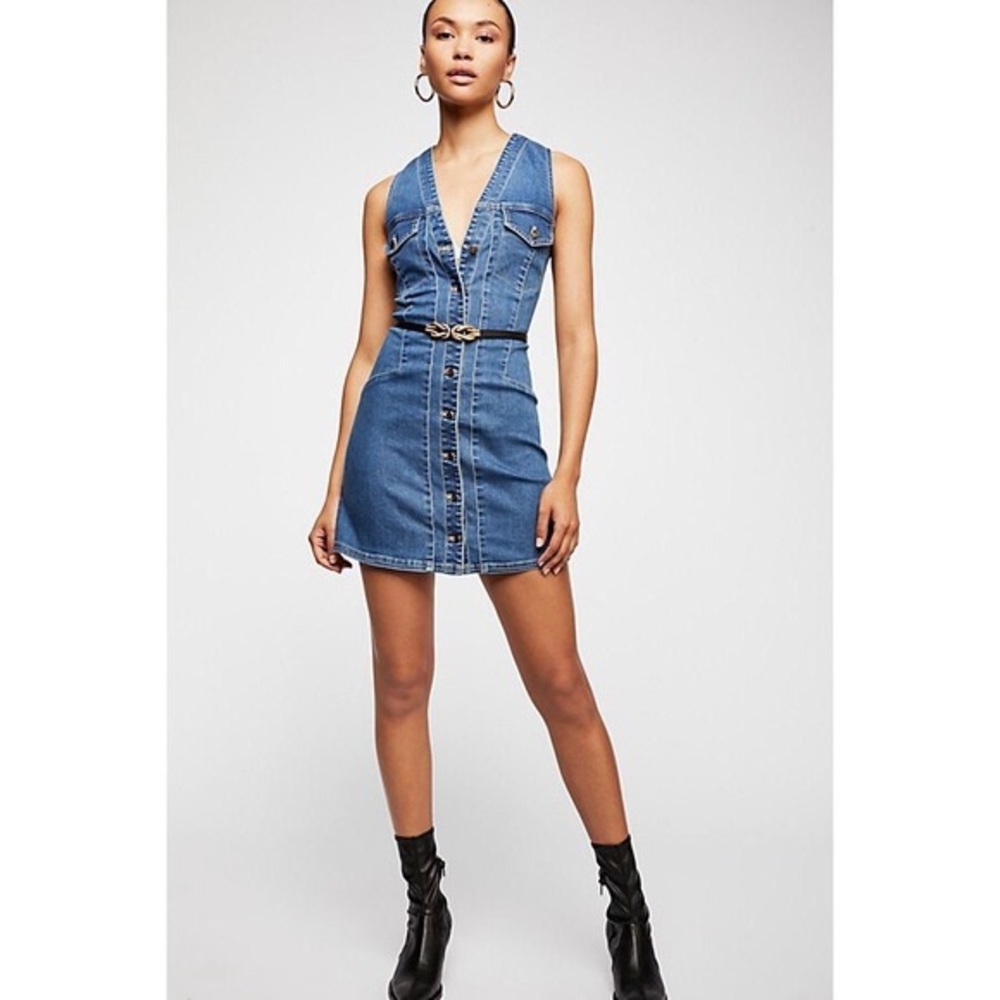 NWT. Free People Wandering Star Denim Mini Dress Size-12.
